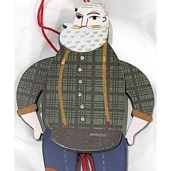 FARMER COWBOY SANTA wood pull string Christmas Ornament green plaid shirt jeans - Picture 4 of 9